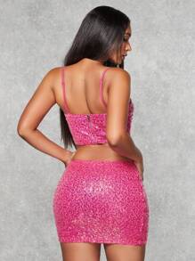 SHEIN BAE 亮片吊帶上衣和包臀半身裙 - 玫紅色 - 查看 2