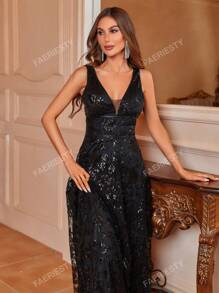 Faeriesty Elegant V-Neck Sleeveless A-Line Sequin-Decor Dress – Lightweight Flowy Formal Gown For Spring-Summer – Perfect For Wedding Guest, Gala, Evening Dinner, Red Carpet Events Party Dress