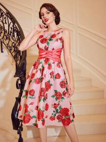 SHEIN DECDS 復古聖誕玫瑰印花女式連身裙 - 淺粉色 - 查看 1