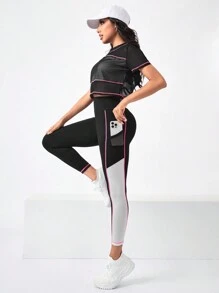 Gameset SHEIN Sport Colorblock Sports Tee & Phone Pocket Side Leggings Workout Women Set Women Leggings Set