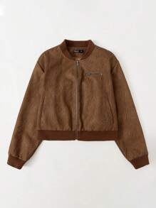 SHEIN EZwear Plus Zip Up Bomber Jacket - Brown - View 3