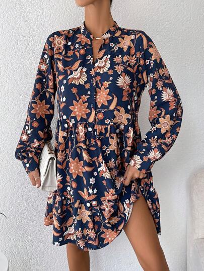 SHEIN Cottnline Full Blossoms Printed Long Sleeve Dress