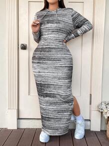 Flirla Plus Space Dye Split Thigh Drawstring Hooded Bodycon Dress - Multicolor - View 4