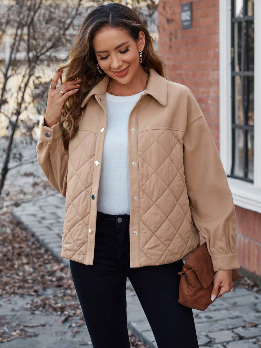 SHEIN LUNE Thả vai Cúc bấm Áo khoác Quilted - Màu be - Xem 1