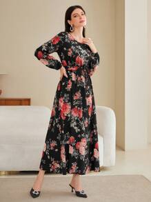 Mulvari Floral Print Lantern Sleeve Belted Dress - Black - View 4