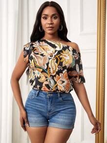 SHEIN Lady 佩斯利印花不對稱領襯衫 - 黑色 - 查看 3