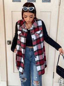 Flirla 大碼格紋印花翻蓋細節外套 - 彩色 - 查看 4