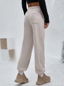 SHEIN EZwear Chất rắn Eo dây rút Túi nghiêng Quần thể thao - Màu Khaki - Xem 5