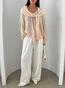 DAZY Solid Drop Shoulder Sweater With Scarf Fall