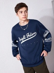SHEIN Thiếu niên con trai Đồ họa Chữ cái Thả vai Áo nỉ - Màu xanh hải quân - Xem 6