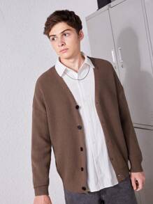 SHEIN 青少年男孩落肩袖前紐扣開襟衫 - 棕色 - 查看 1