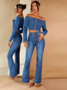 SHEIN BAE Off Shoulder Flap Pocket Denim Jacket - Medium Wash - View 3