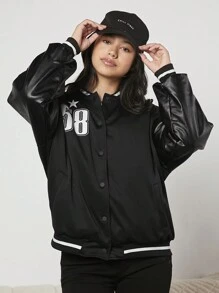 Teen Girl Letter Patched Drop Shoulder Varsity Jacket - Black - View 4