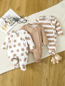 男嬰3入組條紋圖案&卡通圖案前紐扣連體睡衣 - 彩色 - 查看 1