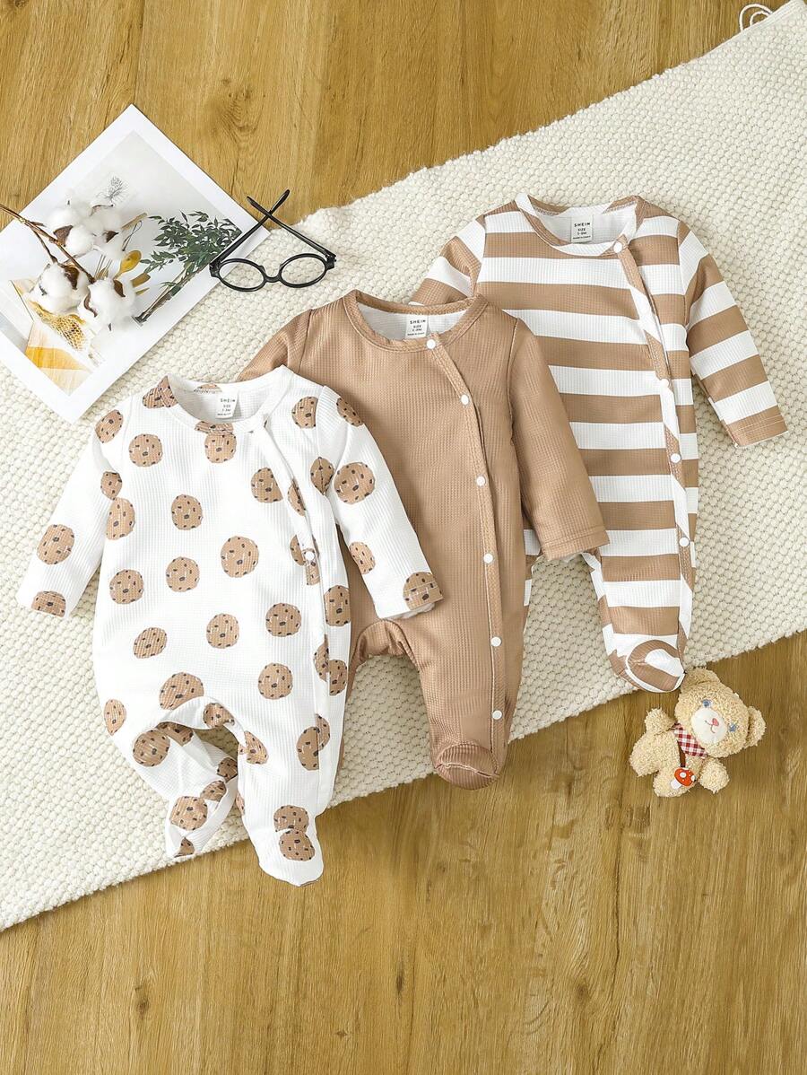 男嬰3入組條紋圖案&卡通圖案前紐扣連體睡衣 - 彩色 - 查看 1