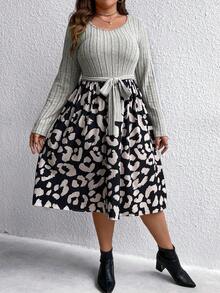 SHEIN LUNE Plus Leopard Print Belted Dress - Multicolor - View 3