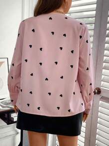 SHEIN Clasi Hơn In Trái tim Đồ trang trí Lace hoa văn Tay áo lồng đèn Chèn ren Guipure Áo sơ mi - Hồng - Xem 3