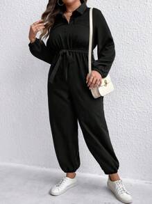 SHEIN LUNE 大碼素色腰帶襯衫連體褲 - 黑色 - 查看 5