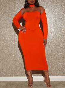 Slaydiva 優雅挖空純色加大洋裝 - 橘色 - 查看 4