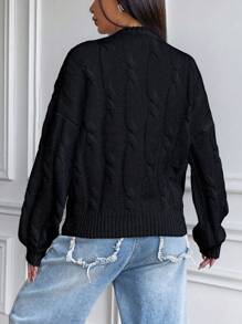 SHEIN Unity 纯色麻花针织落肩毛衣，女士晚秋休闲长袖修身黑色落肩套头衫，女士毛衣，长袖针织套头衫秋冬毛衣 - 黑色 - 查看 2