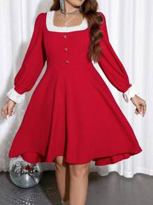 SHEIN Unity 大碼拼接邊方領燈籠袖洋裝 - 紅色 - 查看 6