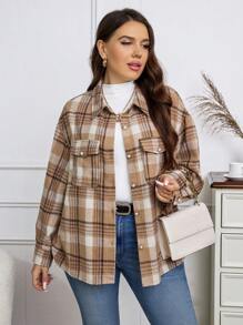 SHEIN Essnce 休閒格子大碼夾克 - 米色 - 查看 3