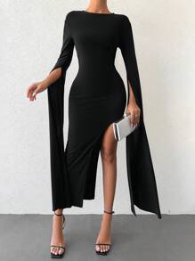 SHEIN Cottnline Solid Split Thigh Cloak Sleeve Split Thigh Dress - Black - View 2