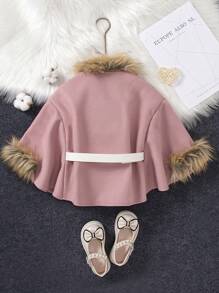 SHEIN Young Girl Fuzzy Trim Belted Cape Overcoat - Baby Pink - View 2