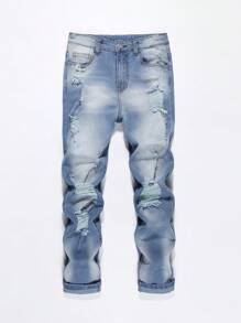 Tween Boy Ripped Frayed Bleach Wash Jeans - Blue - View 1
