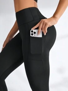 Easithlete 宽腰带手机口袋侧运动紧身裤瑜伽女裤 - 黑色 - 查看 4