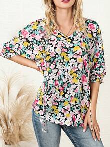 Allover Floral Print Batwing Sleeve Blouse - Multicolor - View 5