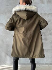 Flap Pocket Drawstring Waist Fuzzy Trim Hooded Thermal Lined Parka Coat - Army Green - View 2
