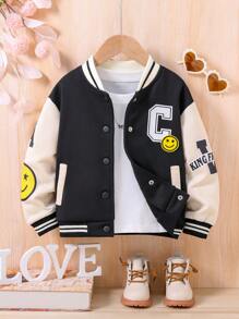 SHEIN Cô gái Đồ họa Chữ cái Sọc trang trí Khối màu Áo khoác Đại học Without Tee - Đen và trắng - Xem 1