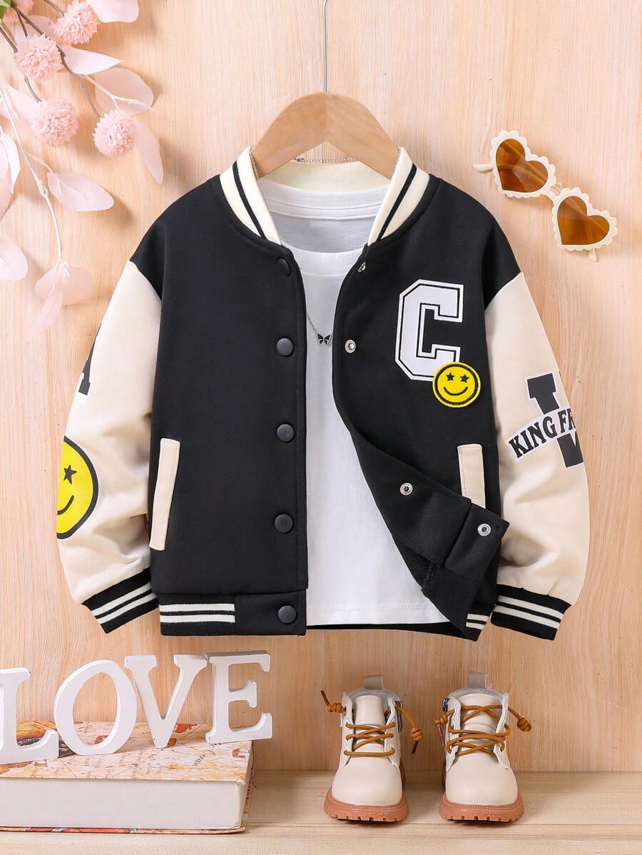 SHEIN Cô gái Đồ họa Chữ cái Sọc trang trí Khối màu Áo khoác Đại học Without Tee - Đen và trắng - Xem 1