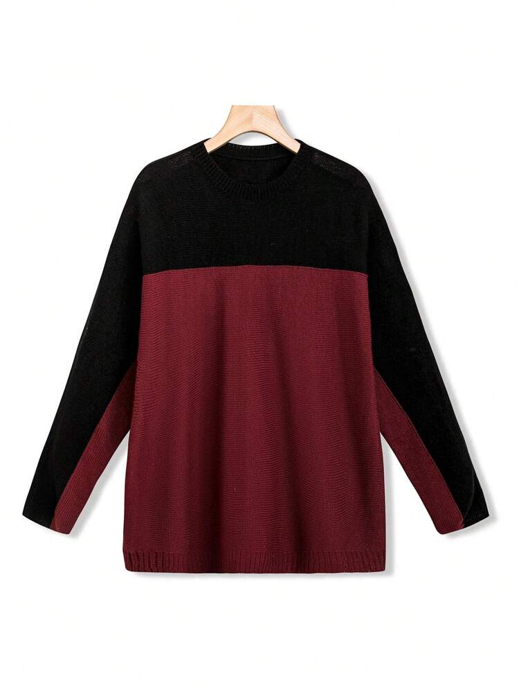 Plus Two Tone Drop Shoulder Sweater Knit Pullover Fall Winter Sweater