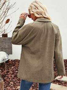 SHEIN LUNE Thả vai Túi có nắp Áo khoác vải nhung - xanh quân đội - Xem 2