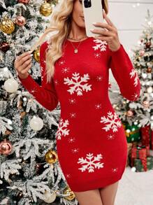 SHEIN Frenchy 女款雪花圖案紅色圓領長袖毛衣裙,適合聖誕節穿著 - 紅色 - 查看 5