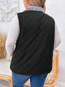 SHEIN LUNE Plus Teddy Lined Vest Quilted Coat - Black - View 2