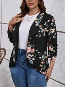 SHEIN LUNE Plus Floral Print Shawl Collar Ruched Sleeve Blazer - Multicolor - View 5