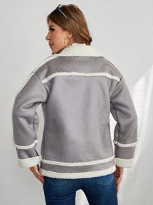 SHEIN Cottnline Lapel Neck Teddy Lined Button Front Coat - Light Grey - View 2