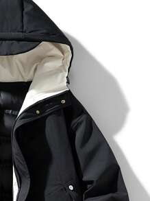 Men Zip Up Drawstring Hem Hooded Padded Coat - Black - View 5