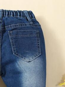 女小童蝴蝶刺繡破洞毛邊緣牛仔喇叭褲 - 深色水洗藍 - 查看 5