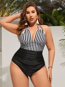 Swim Lushoire Summer Beach Plus Striped Ruched Halter One Piece Swimsuit - Black and White - View 4