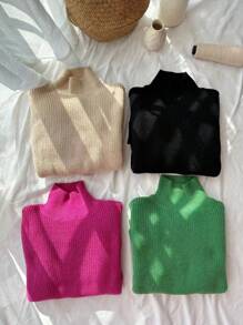 Zolique 4pcs Solid Mock Neck Ribbed Knit Knit Pullover Fall Winter Sweaters - Multicolor - View 3