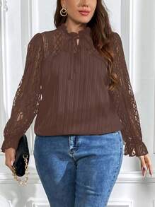 SHEIN LUNE Plus Contrast Lace Flare Sleeve Tie Neck Blouse - Coffee Brown - View 6