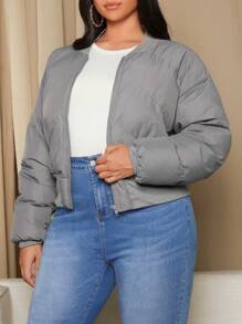 SHEIN SXY Plus Drop Shoulder Zip Up Padded Coat - Grey - View 3