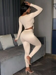 BamGleam Asymmetrical Neck Drawstring Side Crop Tee & Leggings Fall Cloth For Women - Khaki - View 2