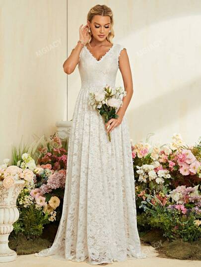 V Neck Lace Maxi Wedding Dress White Elegant Bridal Dress
