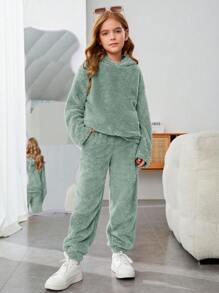 SHEIN Leap Crew Cô gái Tween Thư được vá Thả vai Flannel Áo Hoodie & Quần - Màu xanh Bạc hà - Xem 3