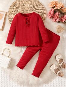 女嬰木耳邊T恤和緊身褲 - 酒紅色 - 查看 8